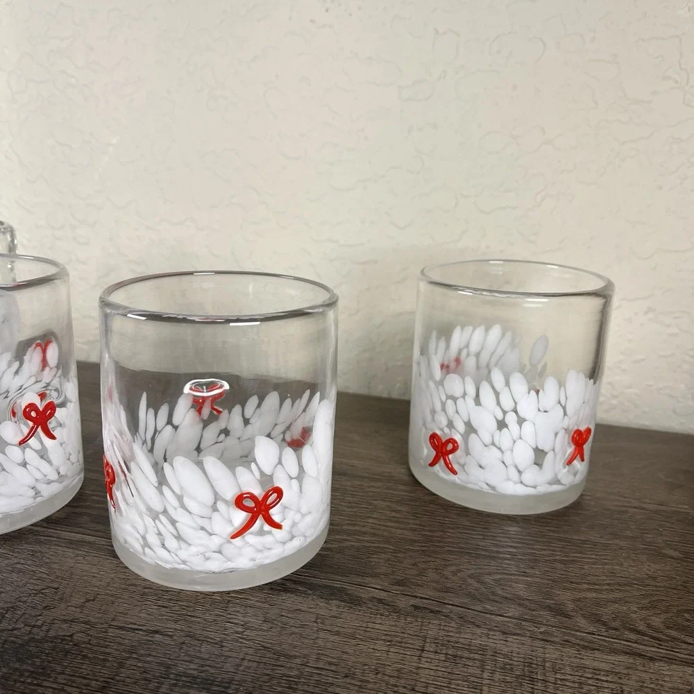 Bubble Glass Swirl Red Bow Tumblers 4 Christmas in July Anthro Style Kitsch